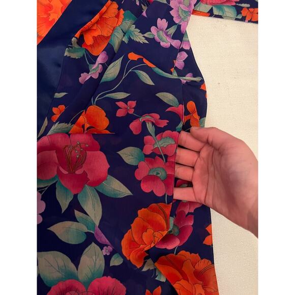 Victoria's Secret Kimono Robe Women's One Size Blue Satin Floral Gold Label VTG - Picture 7 of 12